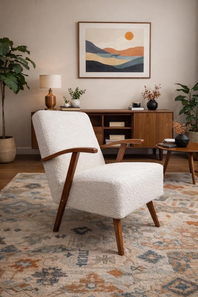 Vintage fauteuil parelwit bouclé midden eeuw 1960, Verzenden