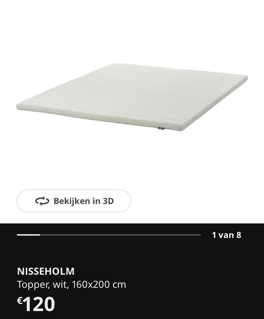 IKEA NISSEHOLM matras topper – wit – 160x200 cm, Ophalen, Zo goed als nieuw, Matras