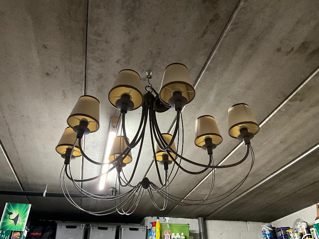 Landelijke kroonluchter met kapjes, Huis en Inrichting, Lampen | Kroonluchters, Ophalen, Zo goed als nieuw, Metaal, Landelijk, cottage