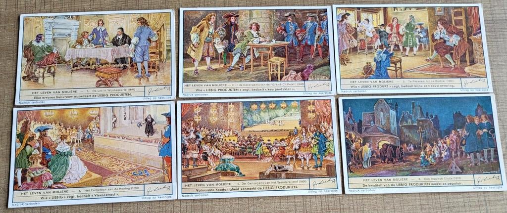 6 oude Liebig prenten: Het leven van Molière, Enlèvement ou Envoi, Utilisé, Autres sujets/thèmes, Gravure