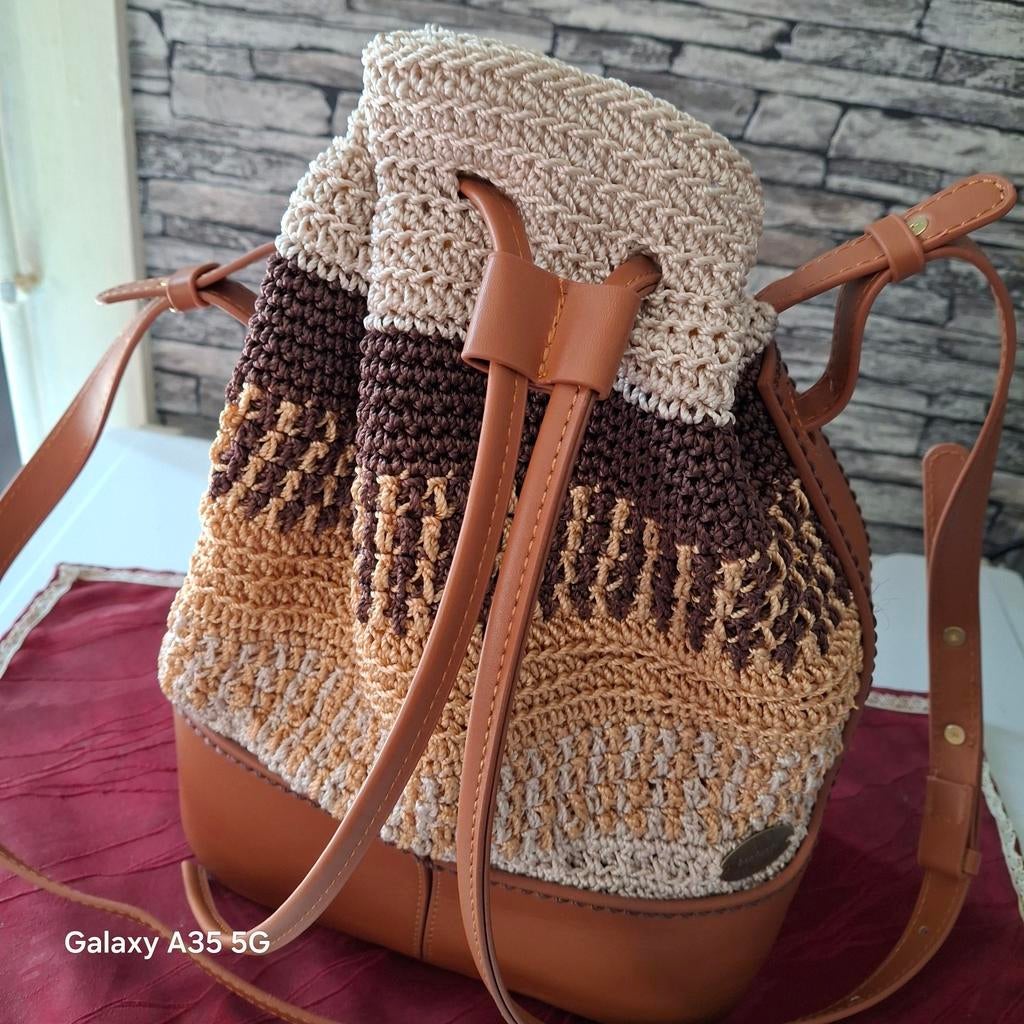 Handtas met heel sterke polyester koord, goud ecru, bruin, Ophalen of Verzenden, Nieuw, Bruin, Schoudertasje