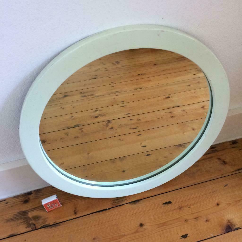 Pastelgroen ronde spiegel op hout jaren 70 vintage 44 cm, Minder dan 50 cm, Gebruikt, Rond, Ophalen of Verzenden