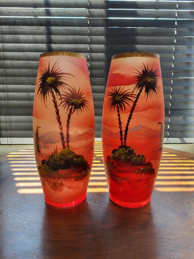 Handbeschilderd glazen set vazen,, Antiek en Kunst, Ophalen of Verzenden