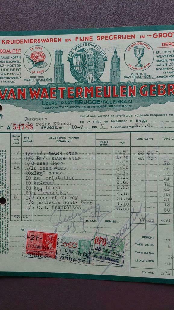 Facturen. Groothandel Kruideniersw. Van Waetermeulen Brugge, Verzamelen, Ophalen of Verzenden