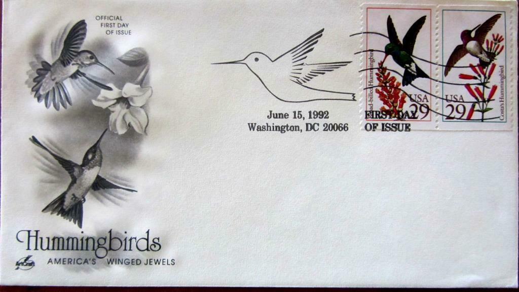 FIRST DAY COVER- THEMA VOGELS- DE KOLIBRI-  U.S.A., Ophalen of Verzenden, Gestempeld