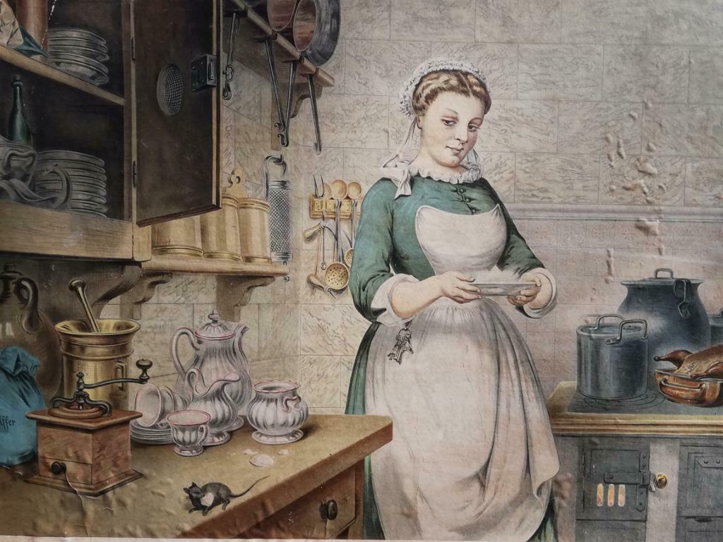 Mooie grote chromolitho schoolplaat - In de keuken - ca 1900, Antiek en Kunst, Ophalen