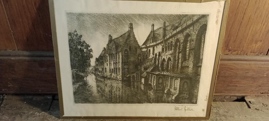 Lithografie gesigneerd Albert Goethals-Gezicht op Brugge, Antiek en Kunst, Ophalen of Verzenden, Landschap, Gravure