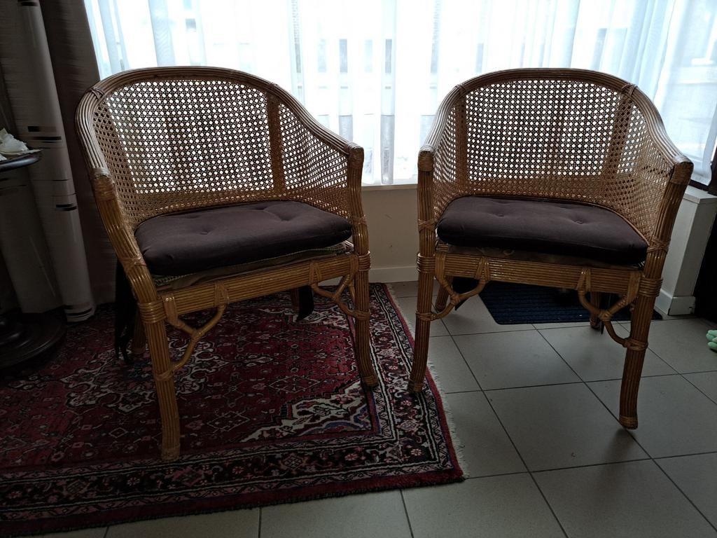 Te koop : Twee rieten stoeltjes met kussens., Antiek en Kunst, Ophalen of Verzenden