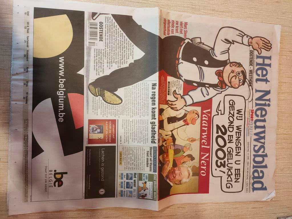 Het Nieuwsblad 31 dec 2002 Nero afscheid., Boeken, Tijdschriften en Kranten, Ophalen of Verzenden, Zo goed als nieuw, Krant