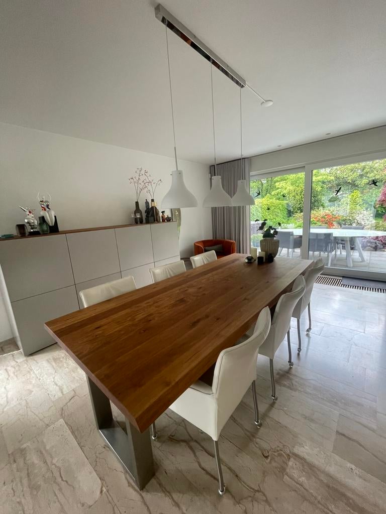 Eetkamer met 6 witleren stoelen en lamp, Ophalen, 100 tot 150 cm, Eikenhout, 200 cm of meer