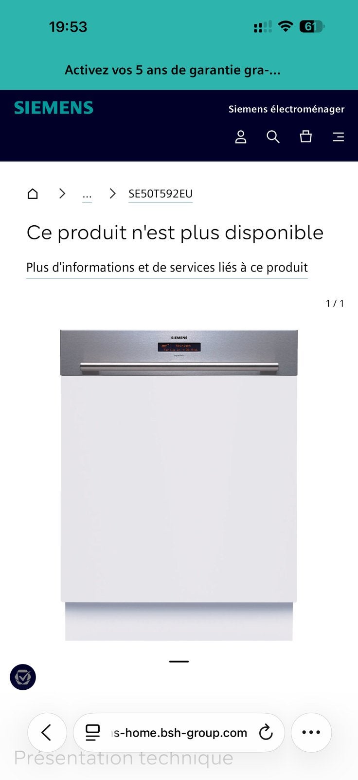 Lave vaisselle intégré Siemens - 70€, Classe énergétique A ou plus économe, Encastré, Moins de 10 litres, Enlèvement