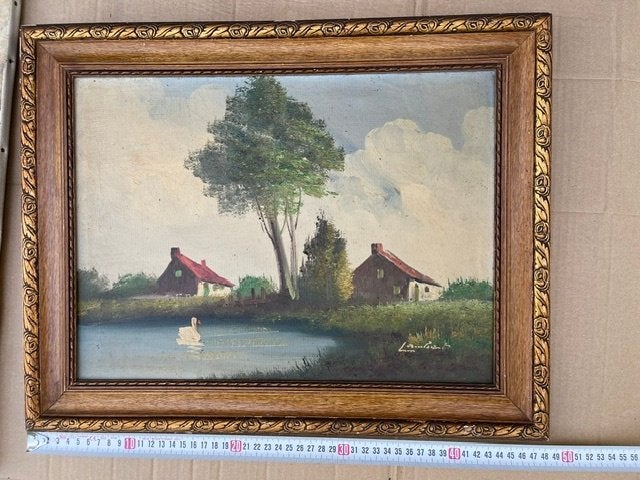 Tableaux Lambert Cygne sur etang date signé sur toile 30X40, Antiquités & Art, Enlèvement ou Envoi, Signé, Toile