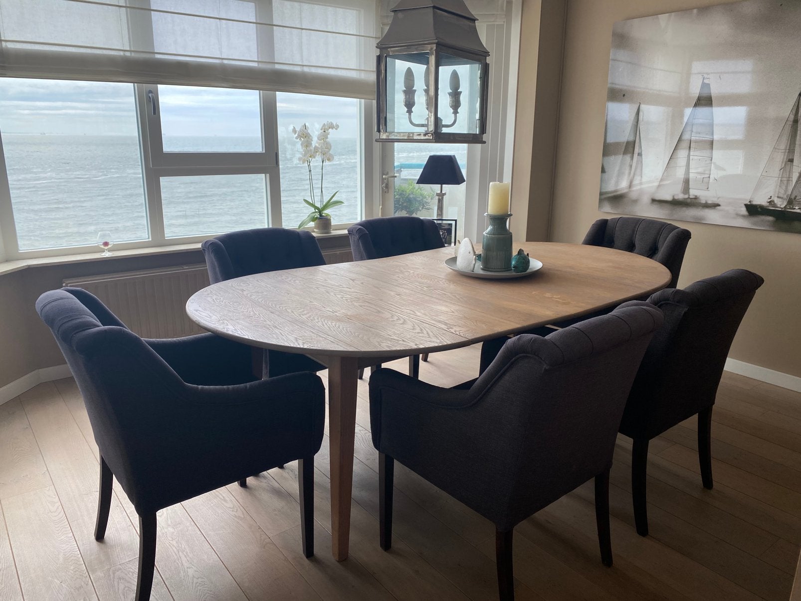 Set van 6 donkergrijze eetkamerstoelen, Ophalen, Zo goed als nieuw, Stof