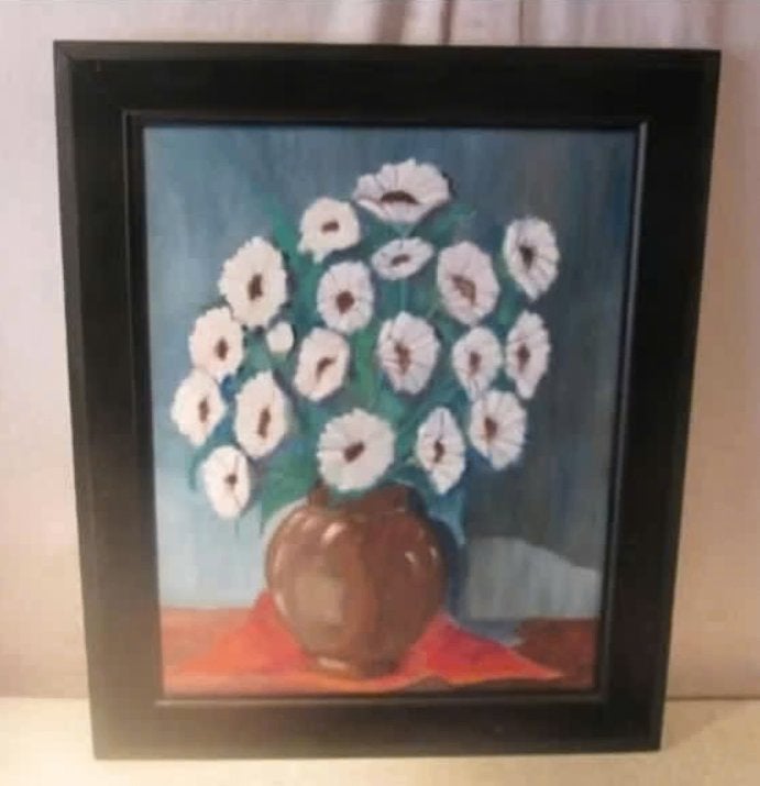 Mooi Geschilderd Werk 'Witte Bloemen in Pot' - 62x52, Bloemen, Doek, Ophalen of Verzenden, Olieverf