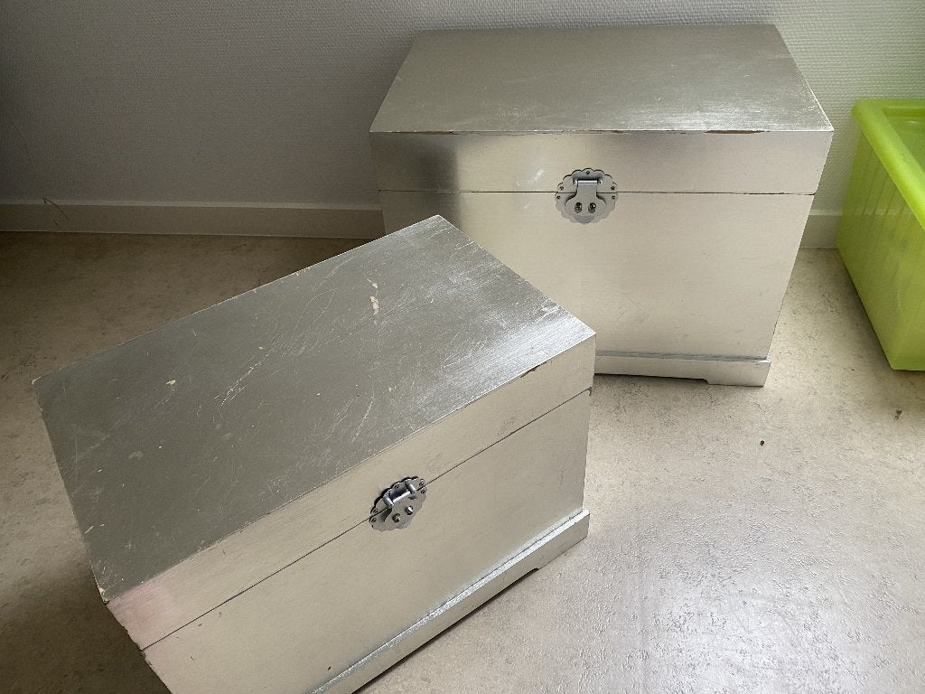 2 houten zilverkleurige opbergkistjes, Huis en Inrichting, Ophalen, Overige materialen, Minder dan 50 cm, Gebruikt