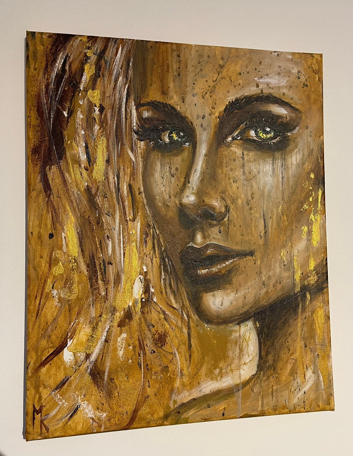 Peinture moderne aux accents dorés - Mk Art, Peint à la main, Textile, Enlèvement ou Envoi, Figures