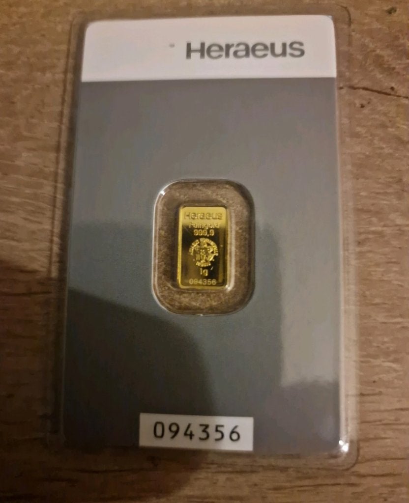 Heraeus 1gr Goudbaar 999,9 fijn goud in originele verpakking, Postzegels en Munten, Ophalen of Verzenden, Goud