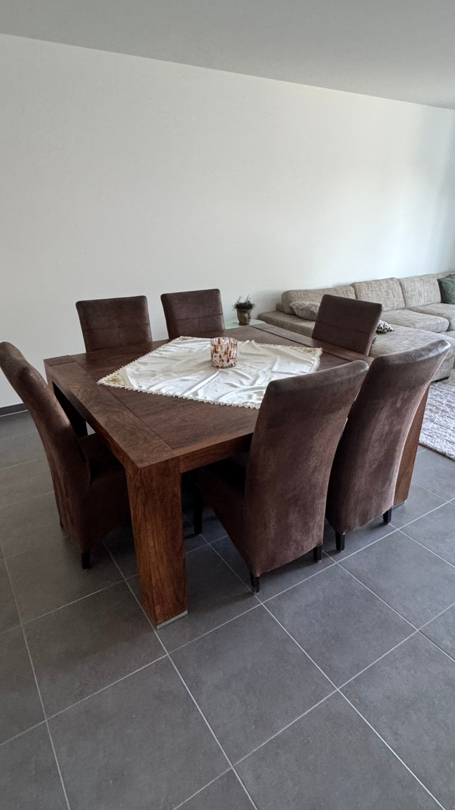 Massief houten eettafel + 6 stoelen, Ophalen, Gebruikt, Massief, 6 tot 8 stoelen