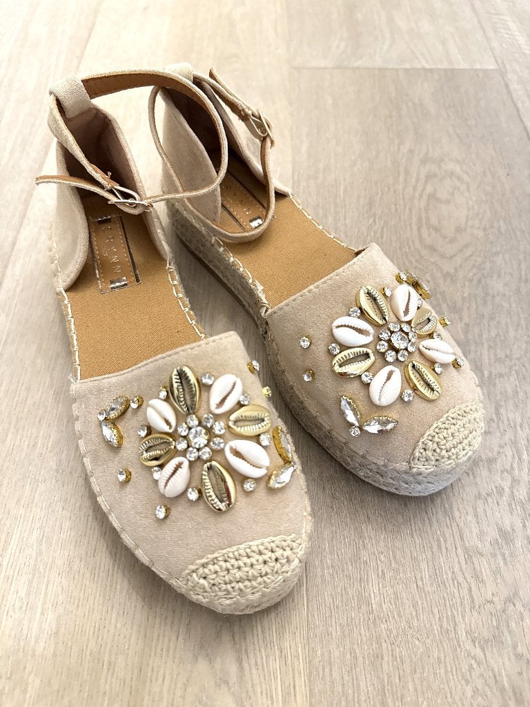 espadrilles neuves avec coquillages et strass, 38, Neuf, Espadrilles, Beige, Enlèvement