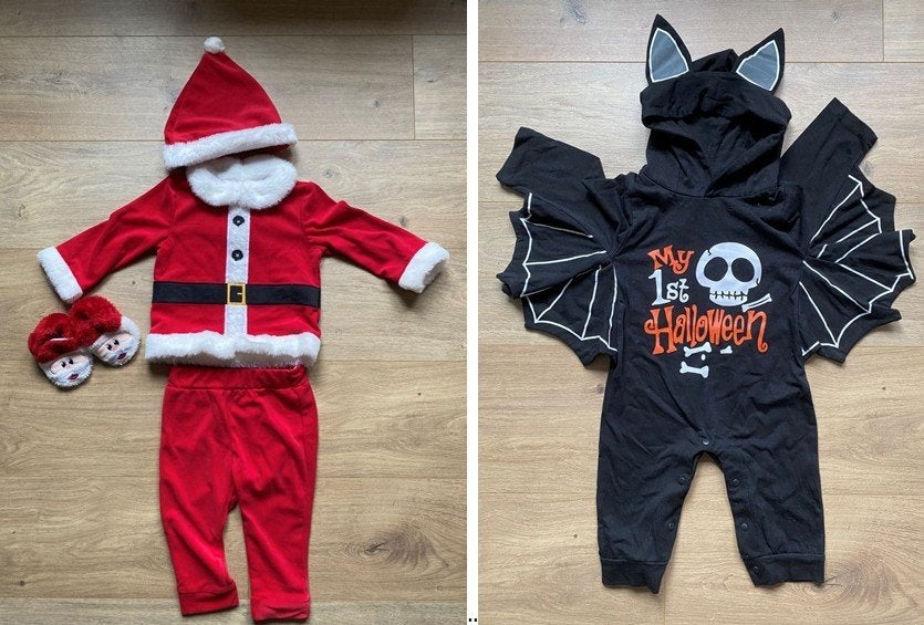 Kerstman Outfit (+ Slofjes) & Halloween Pak - Maat 80, Kinderen en Baby's, Babykleding | Maat 80, Ophalen, C&A, Broekje, Jongetje of Meisje