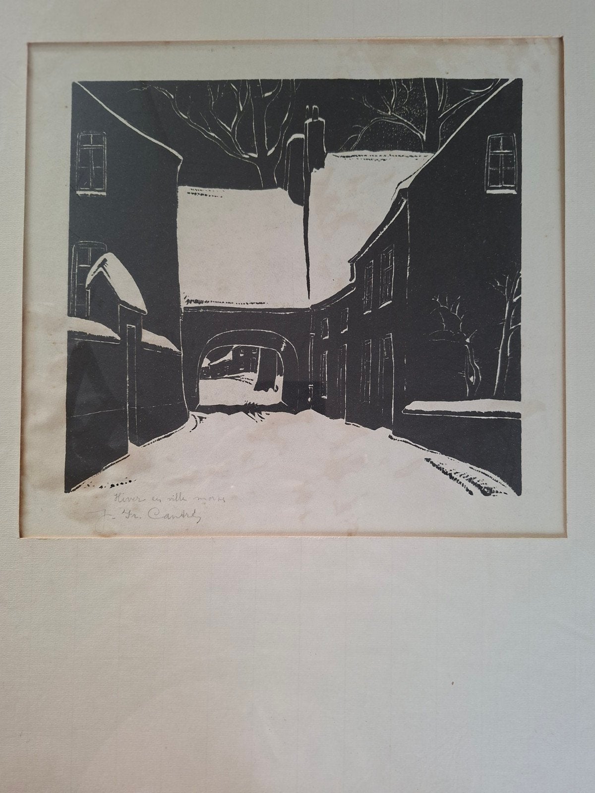 CANTRE Jan-Frans "Hiver en ville morte" houtsnede, Antiek en Kunst, Ophalen of Verzenden, Houtsnede