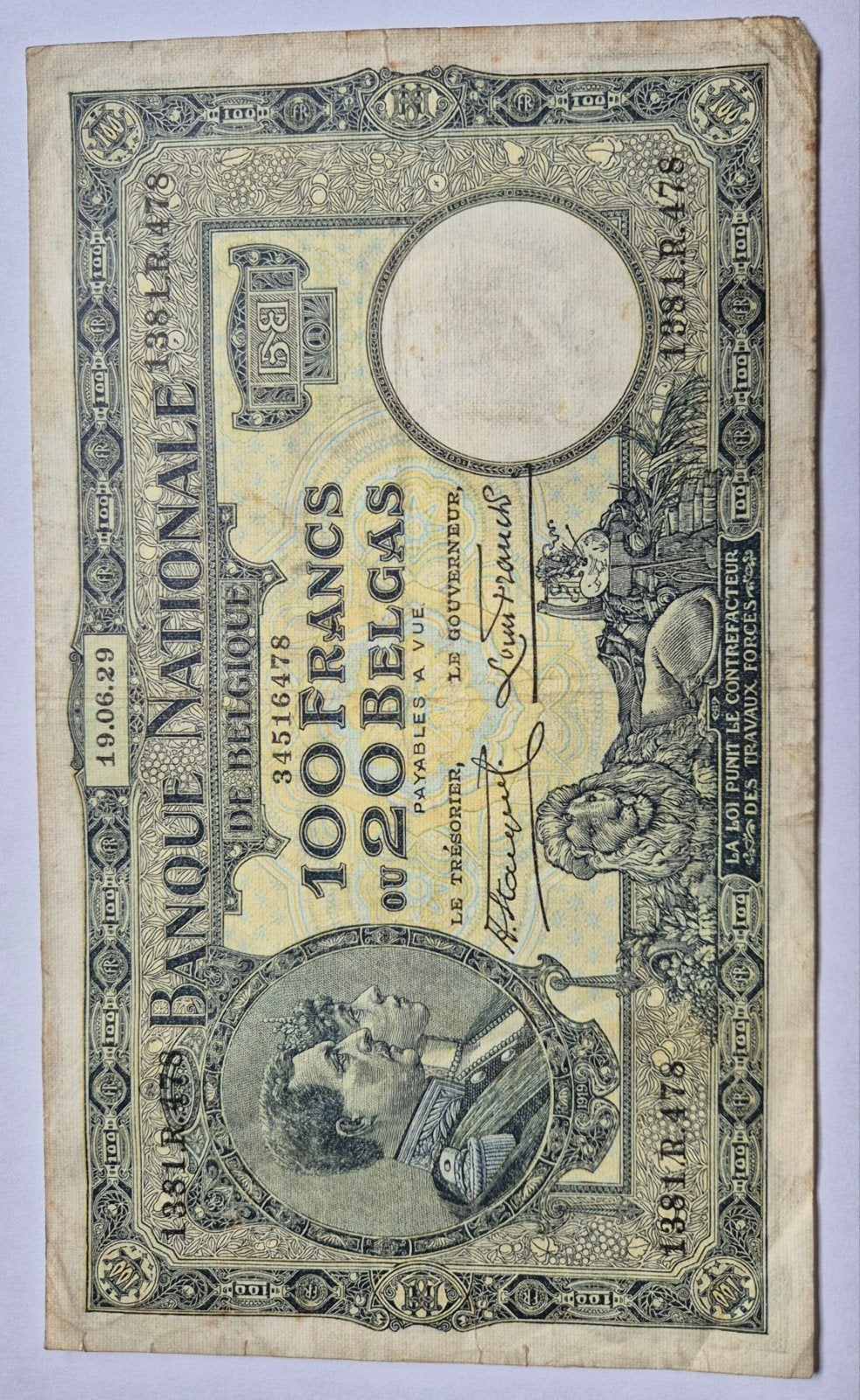 Billet 100 francs 19.06.29 Belgique, Timbres & Monnaies, Billets de banque | Belgique, Envoi, Billets en vrac