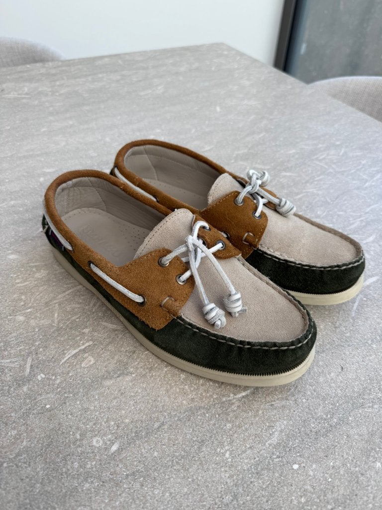 Docksides Sebago, bruin-beige-donkergroen, maat 43,5, Sebago, Overige kleuren, Zo goed als nieuw, Loafers