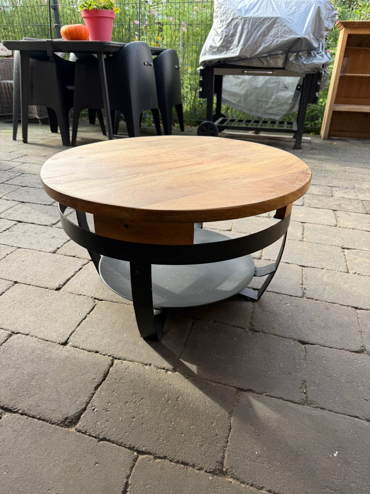 Salontafel Rond Mangohout 70 cm Industrieel Zwart Staal, Huis en Inrichting, Tafels | Salontafels, Ophalen, Zo goed als nieuw