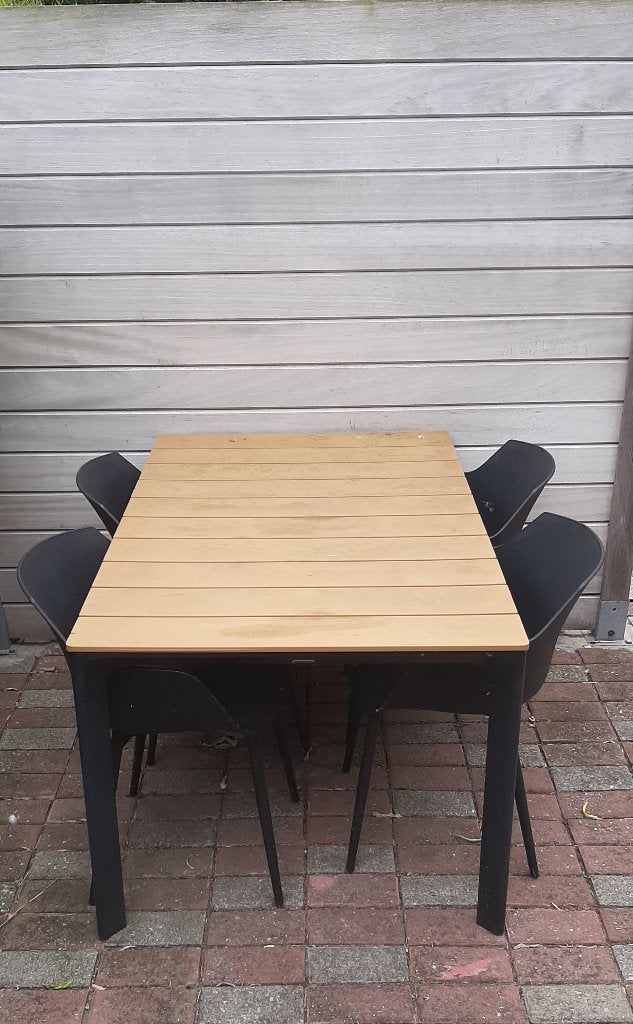 Tuintafel met stoelen 4 tot 6 personen, Jardin & Terrasse, Tables de jardin, Enlèvement, Utilisé, Rectangulaire, Autres matériaux