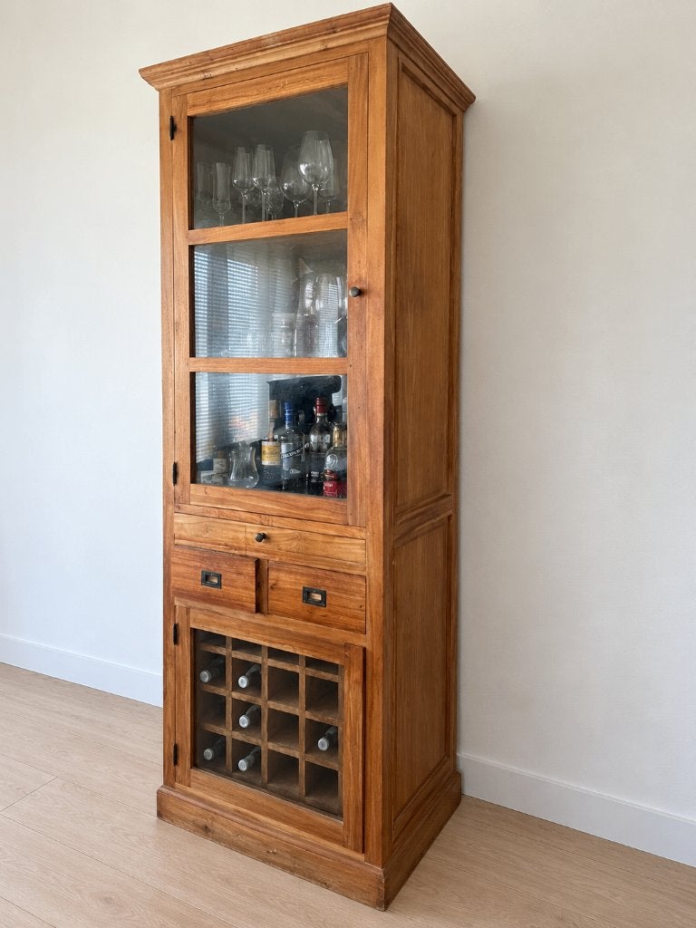 VITRINE EN TECK FAITE MAIN AVEC CASIER À BOUTEILLES – 400 €, Maison & Meubles, Teck, 25 à 50 cm, Enlèvement, Utilisé