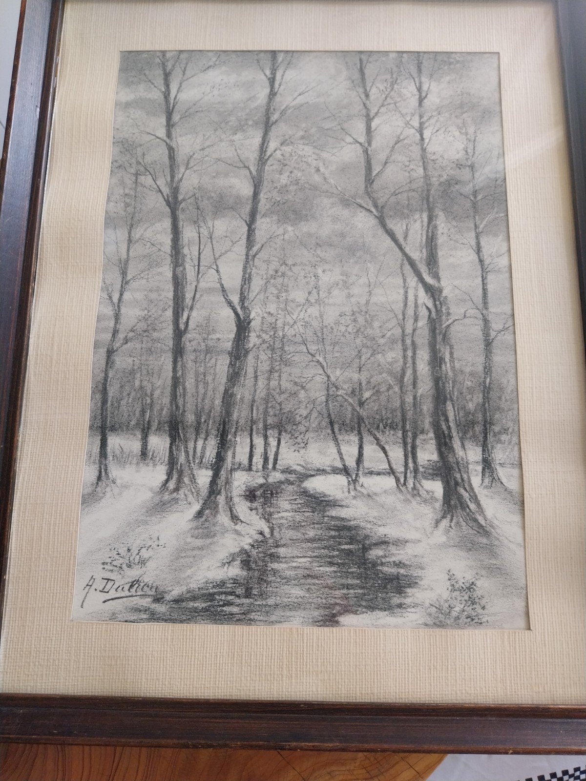 Sfeervolle houtskooltekening / grafiek – Winters boslandscha, Antiek en Kunst, Kunst | Tekeningen en Fotografie, Ophalen, Tekening