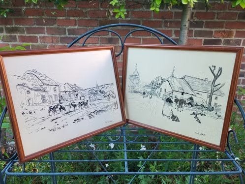 Ensemble de 2 dessins vintage à la plume, Antiquités & Art, Enlèvement ou Envoi, Signé