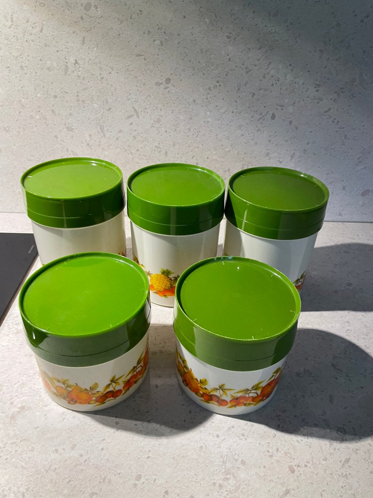 Vintage voorraadpotten set van 5  - fruit decor, Huis en Inrichting, Ophalen of Verzenden, Zo goed als nieuw