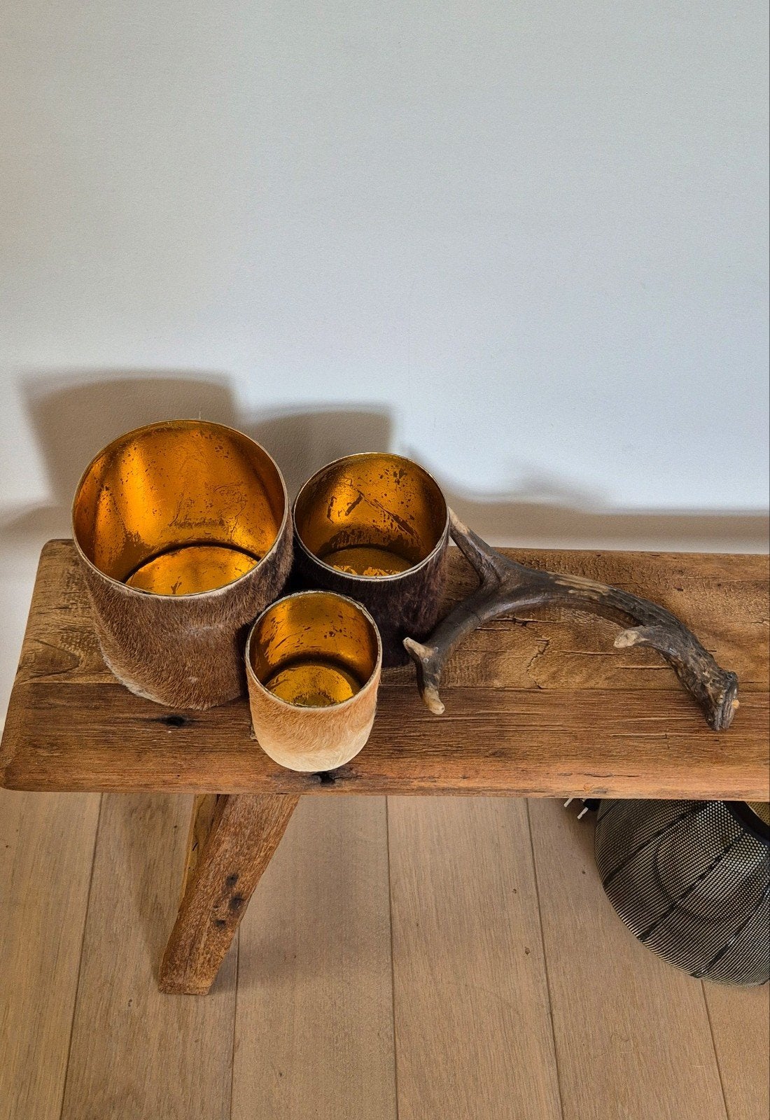 Set van 3 Rustieke Koeienhuid Windlichten + decoratief gewei, Ophalen