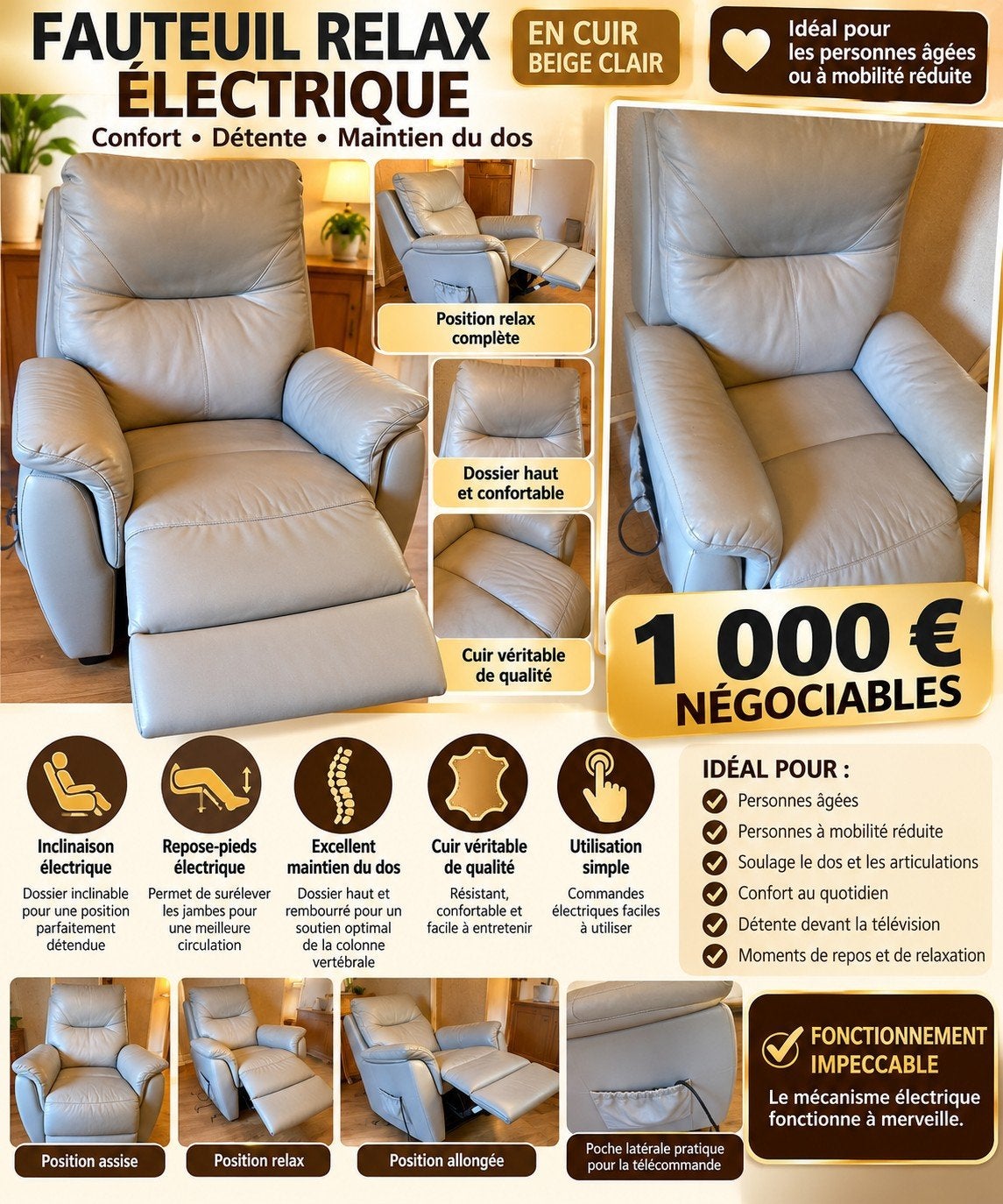 Fauteuil cuir électrique, Maison & Meubles, Enlèvement ou Envoi, Cuir
