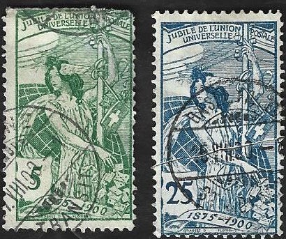 2 Postzegels Zwitserland 1900 Wereldpostunie, Ophalen of Verzenden, Gestempeld