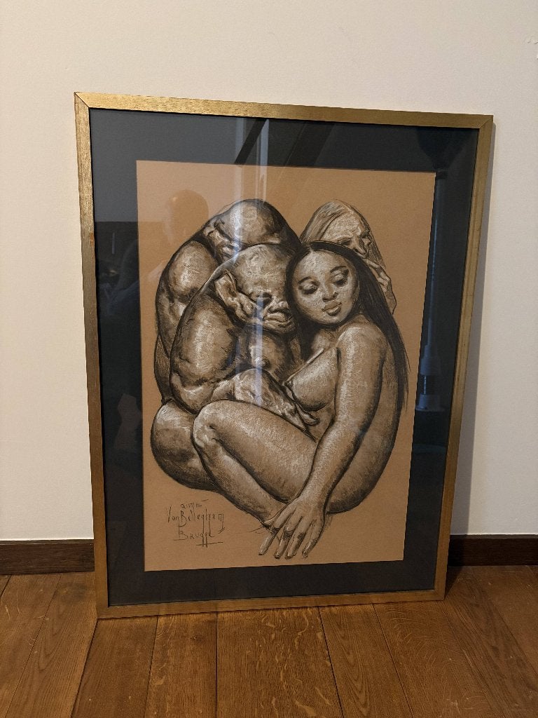 Pentekening  Aime Van Belleghem Vlaams Kunstschilder, Enlèvement, Dessin, Dessin à la plume, Sous verre