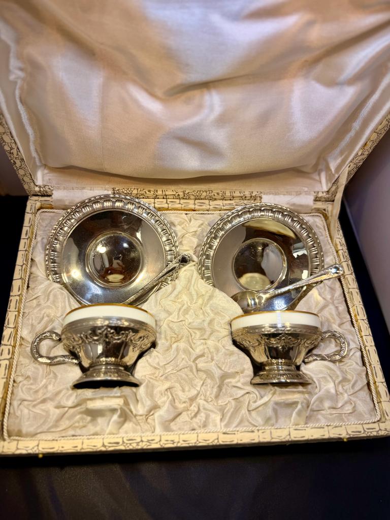Duo de tasses à moka vintage - Métal argenté et Porcelaine, Ophalen of Verzenden