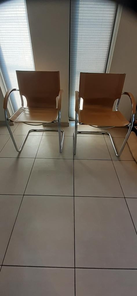 2 Vintage Italiaanse Cantilever stoelen - Cognac leer, Huis en Inrichting, Ophalen, Gebruikt, Leer, Twee