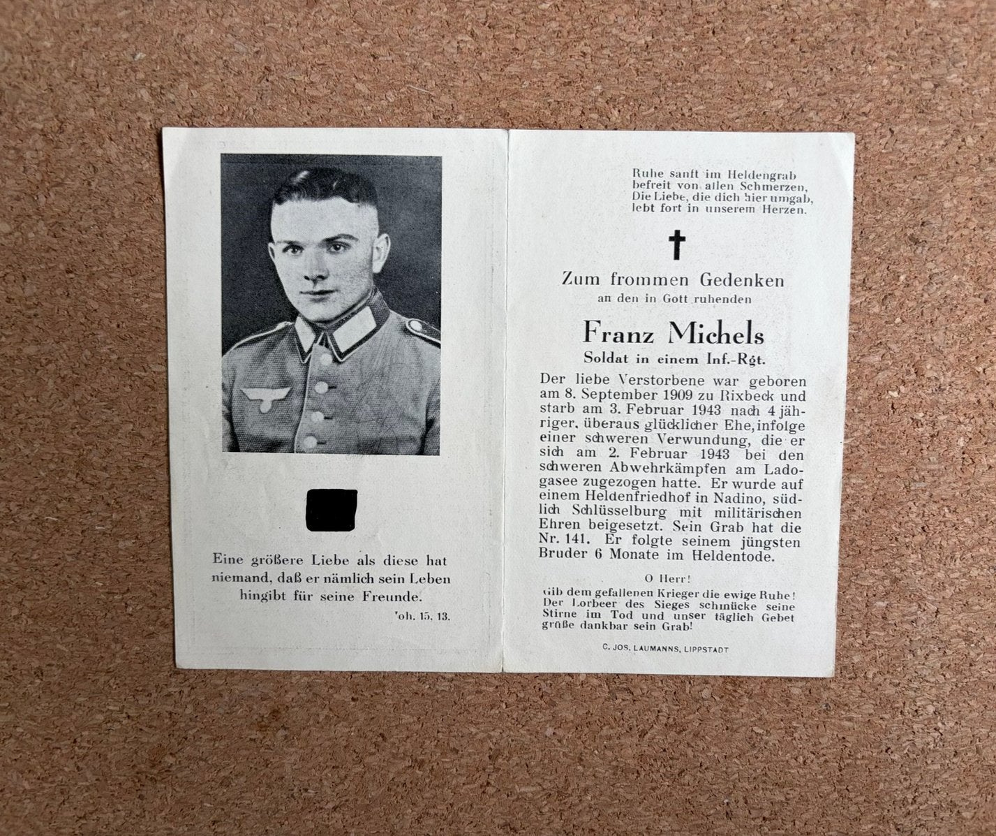 Duits Bidprentje WO2 - Inf.-Rgt. (Ladoga 1943), Verzamelen, Ophalen of Verzenden