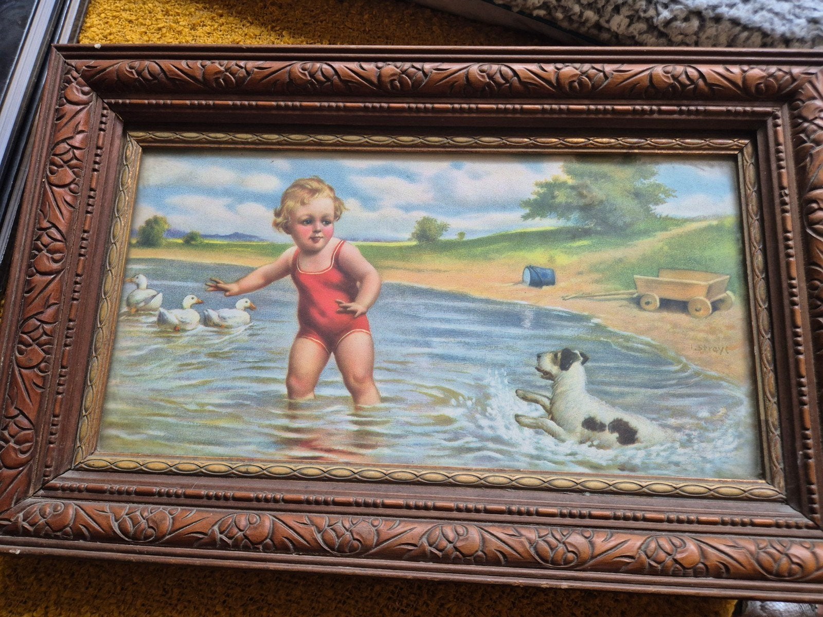 schilderij kind hond eenden, Verzenden