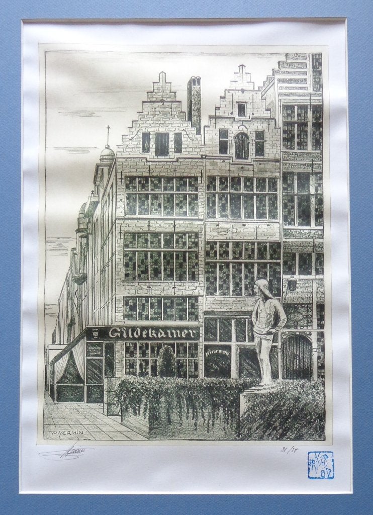 WALTER VERMIN / GILDEKAMER ANTWERPEN / OFFSET / 60x40cm RUG, Antiek en Kunst, Gelimiteerde oplage, Ophalen of Verzenden, Landschappen