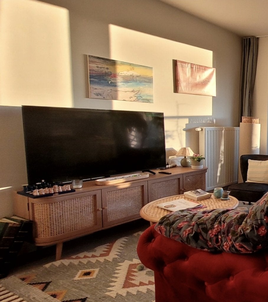 Meuble TV arrondi en cannage naturel 2 portes 160cm, Neuf, Moins de 100 cm, 100 à 150 cm, Enlèvement