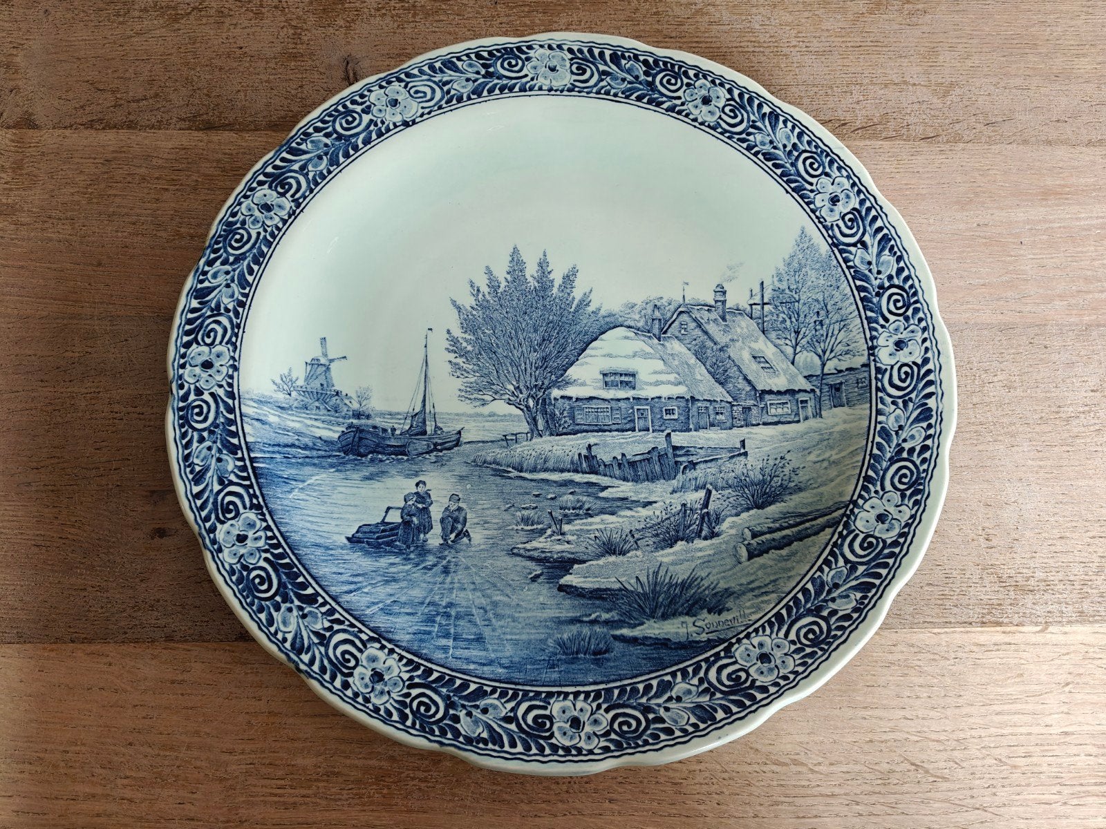Groot blauw Delfts bord / Boch Belgium, Antiek en Kunst, Ophalen of Verzenden