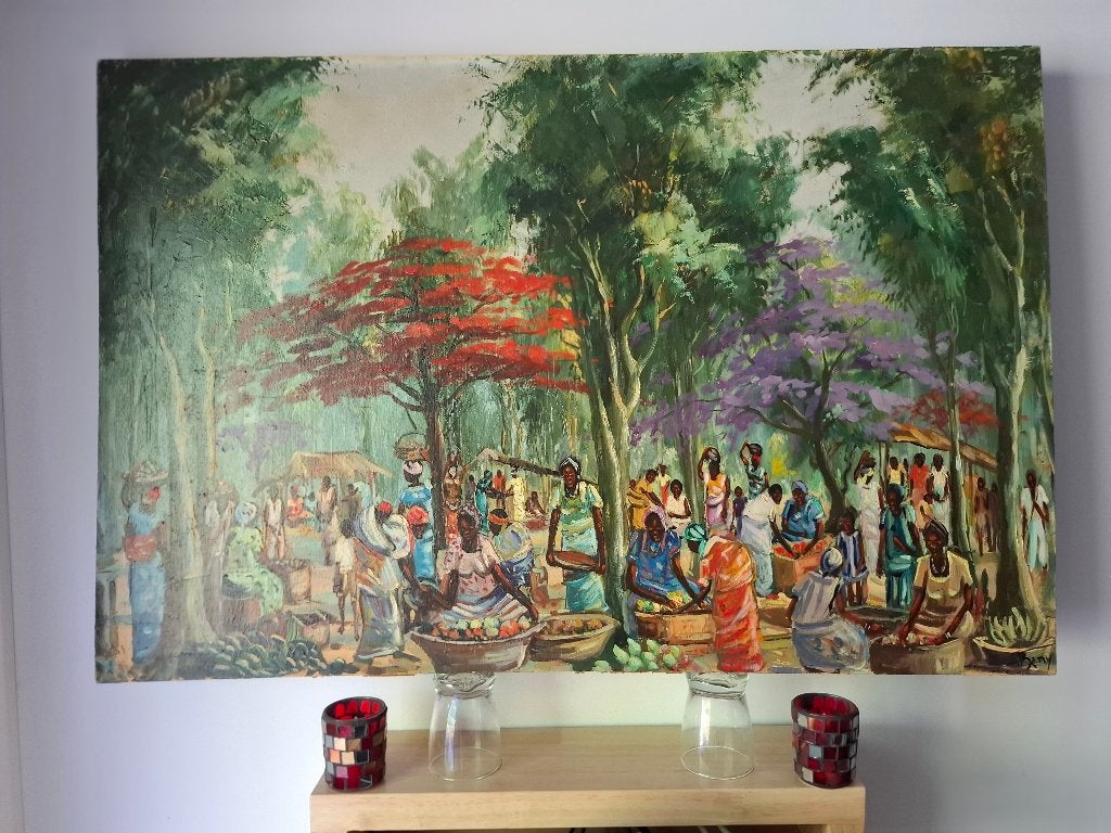 afrikaans olieverfschilderij, Antiek en Kunst, Kunst | Schilderijen | Klassiek, Stads- / dorpsgezicht, Klassiek, Olieverf, Doek