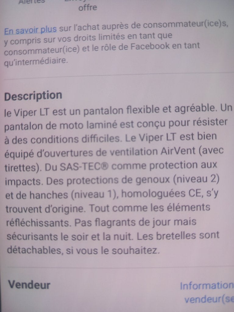 MODEKA VIPER  LT PANTALON taille M, Motos, Enlèvement