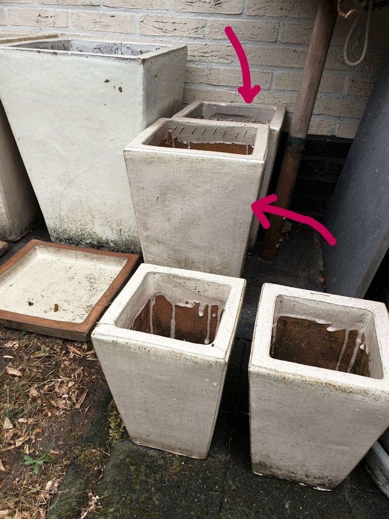 2x Medium geglazuurde vorstbestendige bloempot + scaal, Tuin en Terras, Ophalen, Binnen