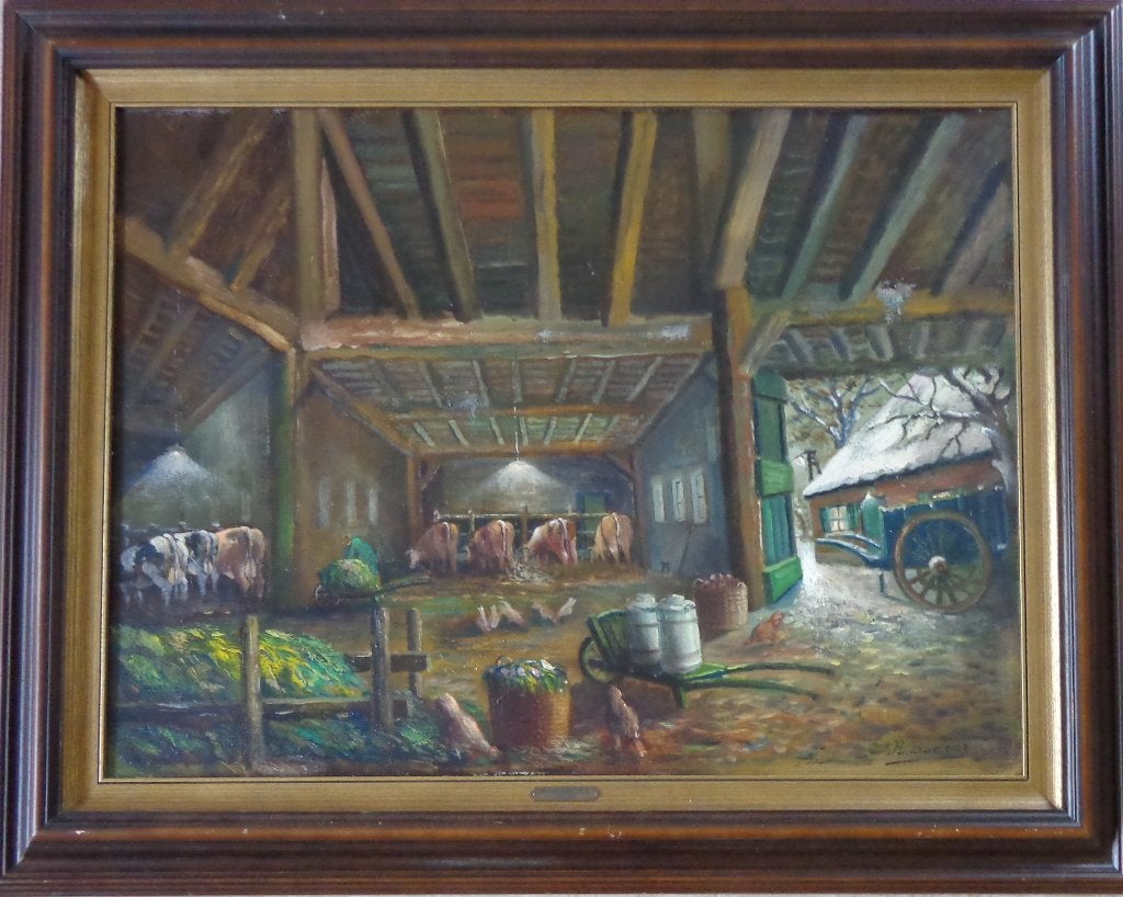 RAYMOND BUELENS / OCHTEND IN STAL / OLIEVERF DOEK / 80x100cm, Ophalen, Doek, Expressionistisch, Dieren