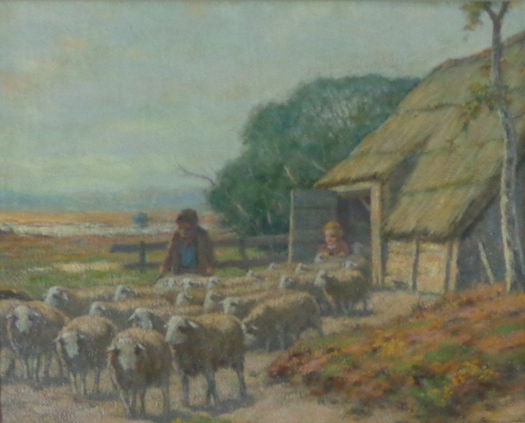 ONLEESBAAR / SCHAPENHOEDERS / OLIEVERF PANEEL 51x61cm KADER, Paneel, Expressionistisch, Dieren, Ophalen of Verzenden