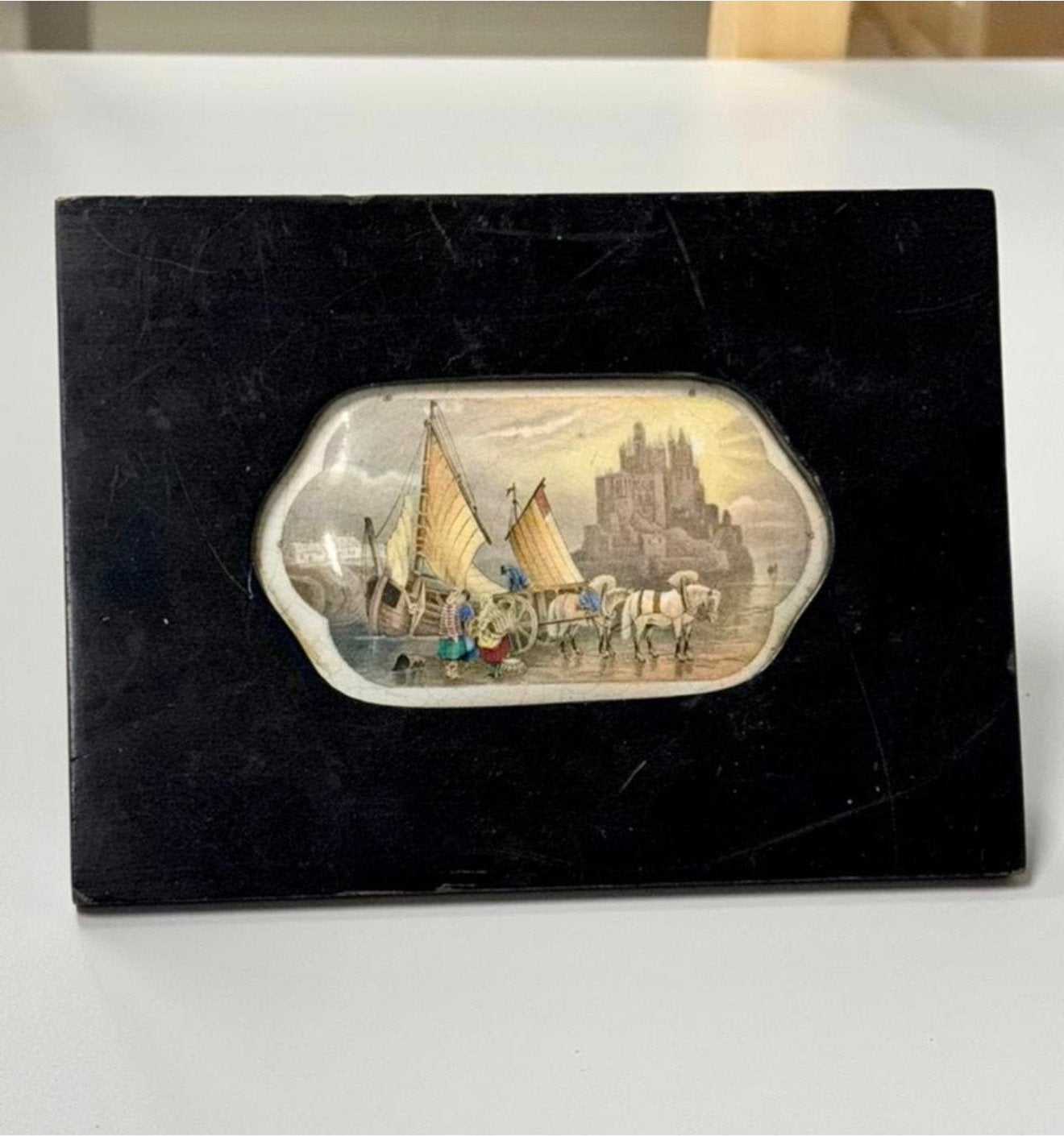 Antiek porselein kunst-art bordje in lijst - schip kasteel, Antiek en Kunst, Ophalen of Verzenden